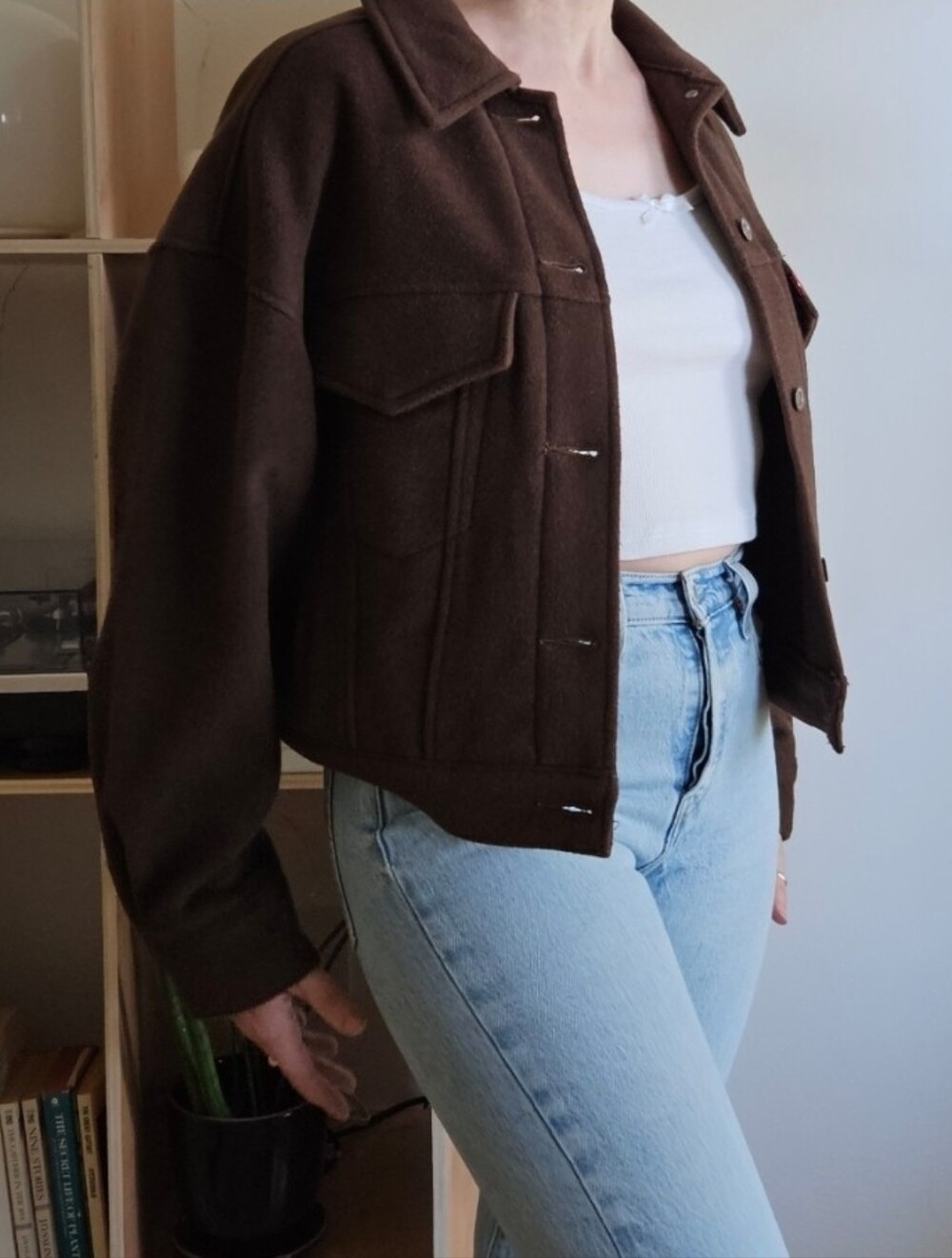 levi's brown bubble wool crop grunge trucker jacket boho 90s grunge y2k boxy